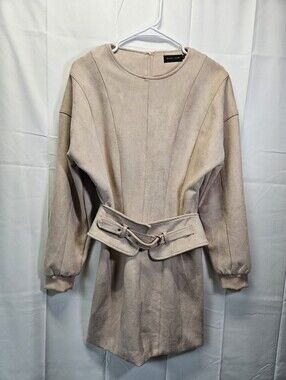 Peace & Love Beige-Taupe Long Sleeve Suede-Look Belted Mini Dress NWOT